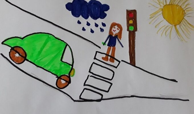 Vaikų piešiniuose saugaus eismo gatvėse tema